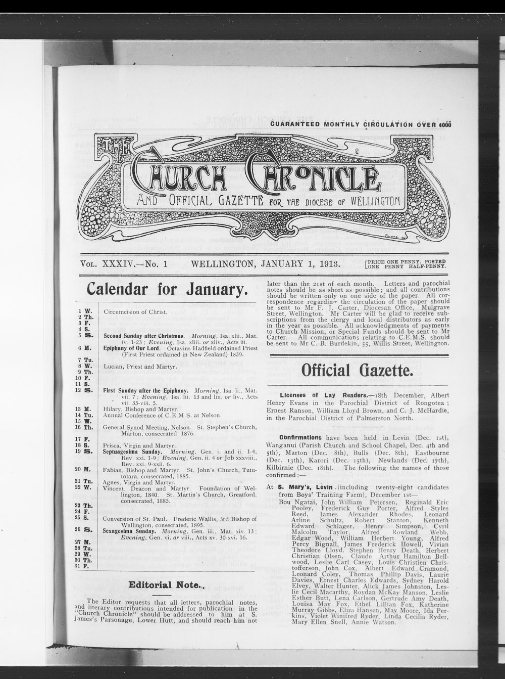 The Church Chronicle, Wellington: 1st January 1913