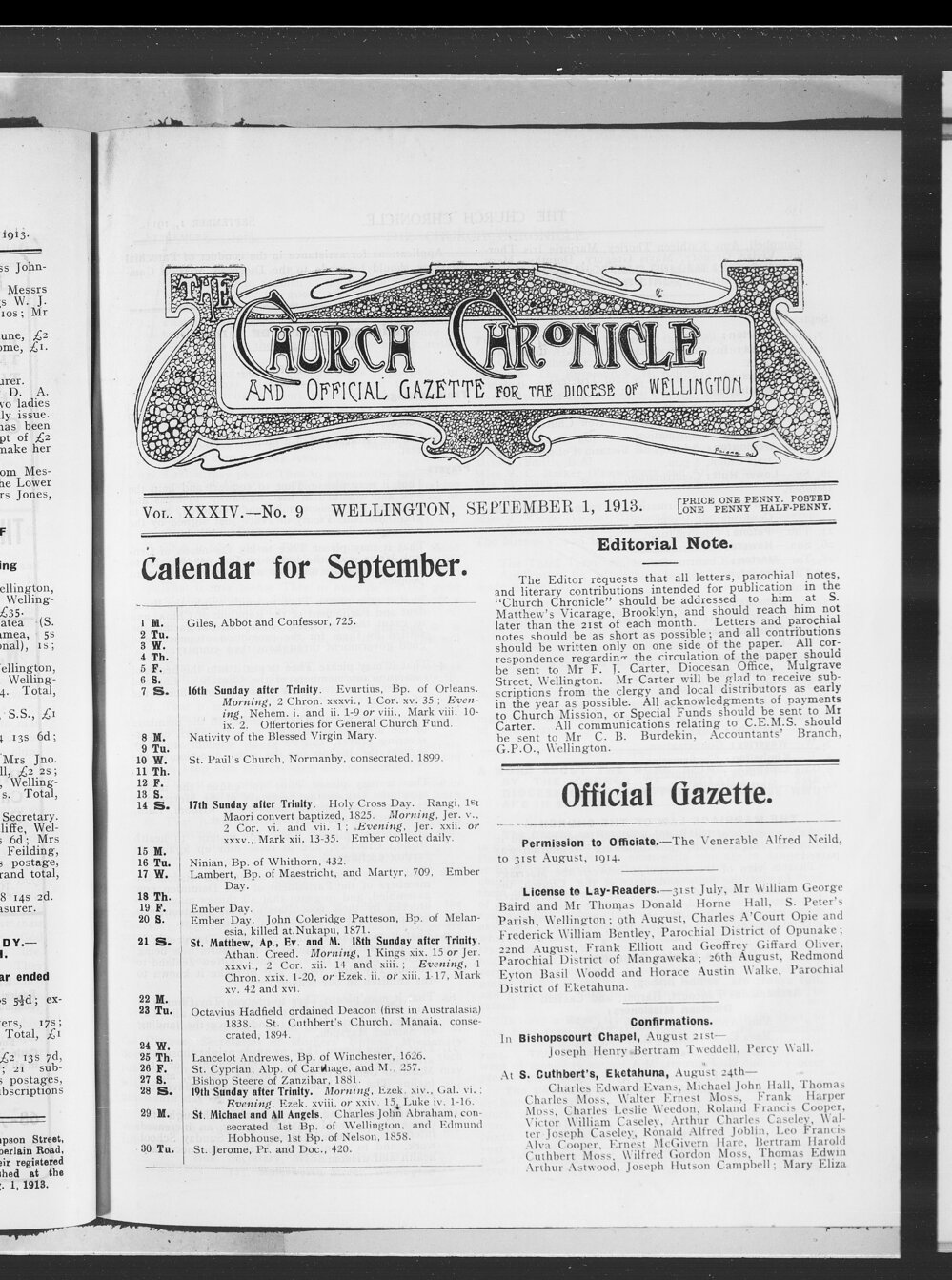 The Church Chronicle, Wellington: 1st September 1913