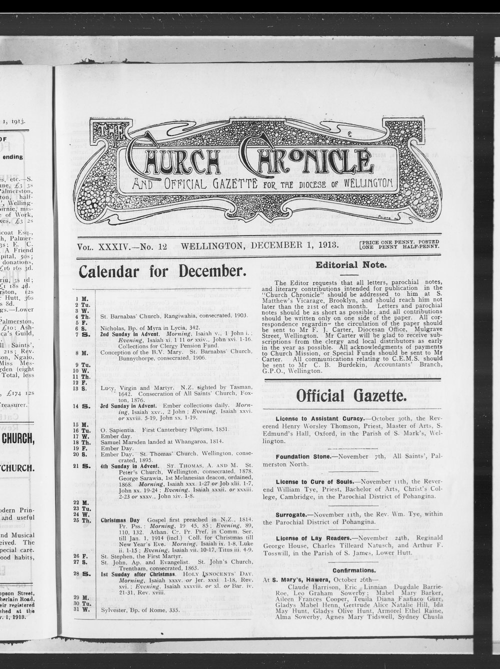 The Church Chronicle, Wellington: 1st December 1913