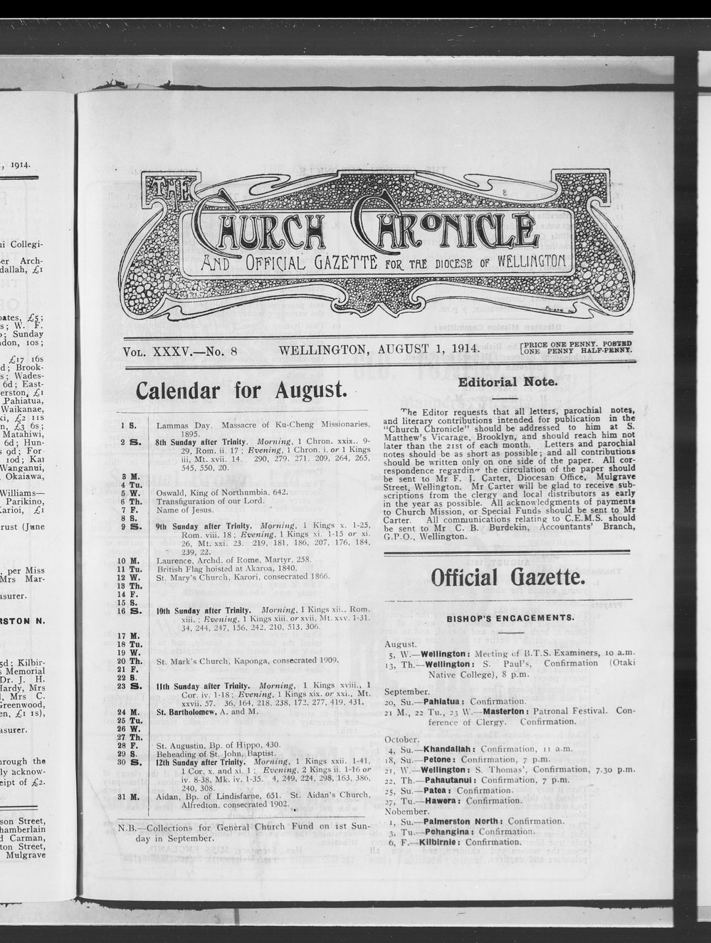 The Church Chronicle, Wellington: 1st August 1914