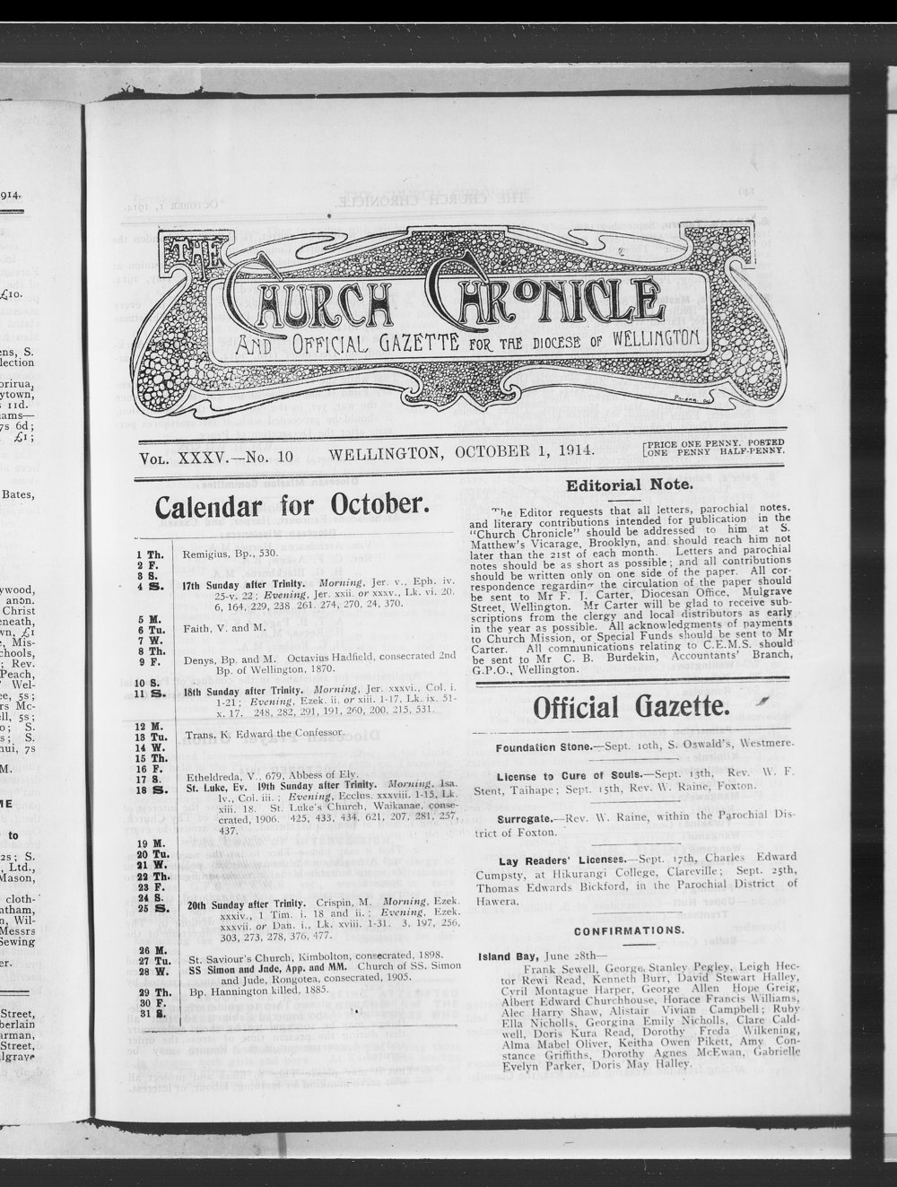 The Church Chronicle, Wellington: 1st October 1914