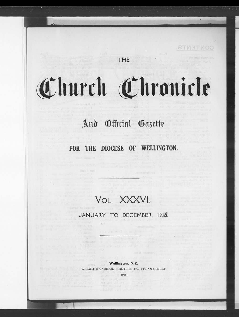The Church Chronicle, Wellington: 1915 Contents