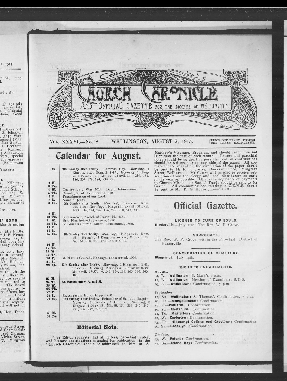 The Church Chronicle, Wellington: 2nd August 1915