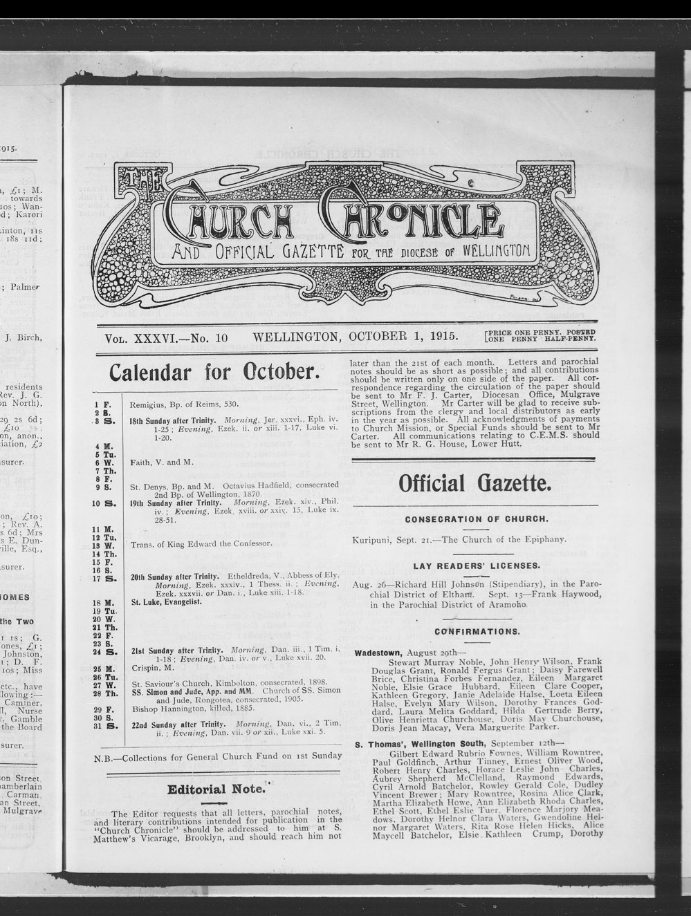 The Church Chronicle, Wellington: 1st October 1915