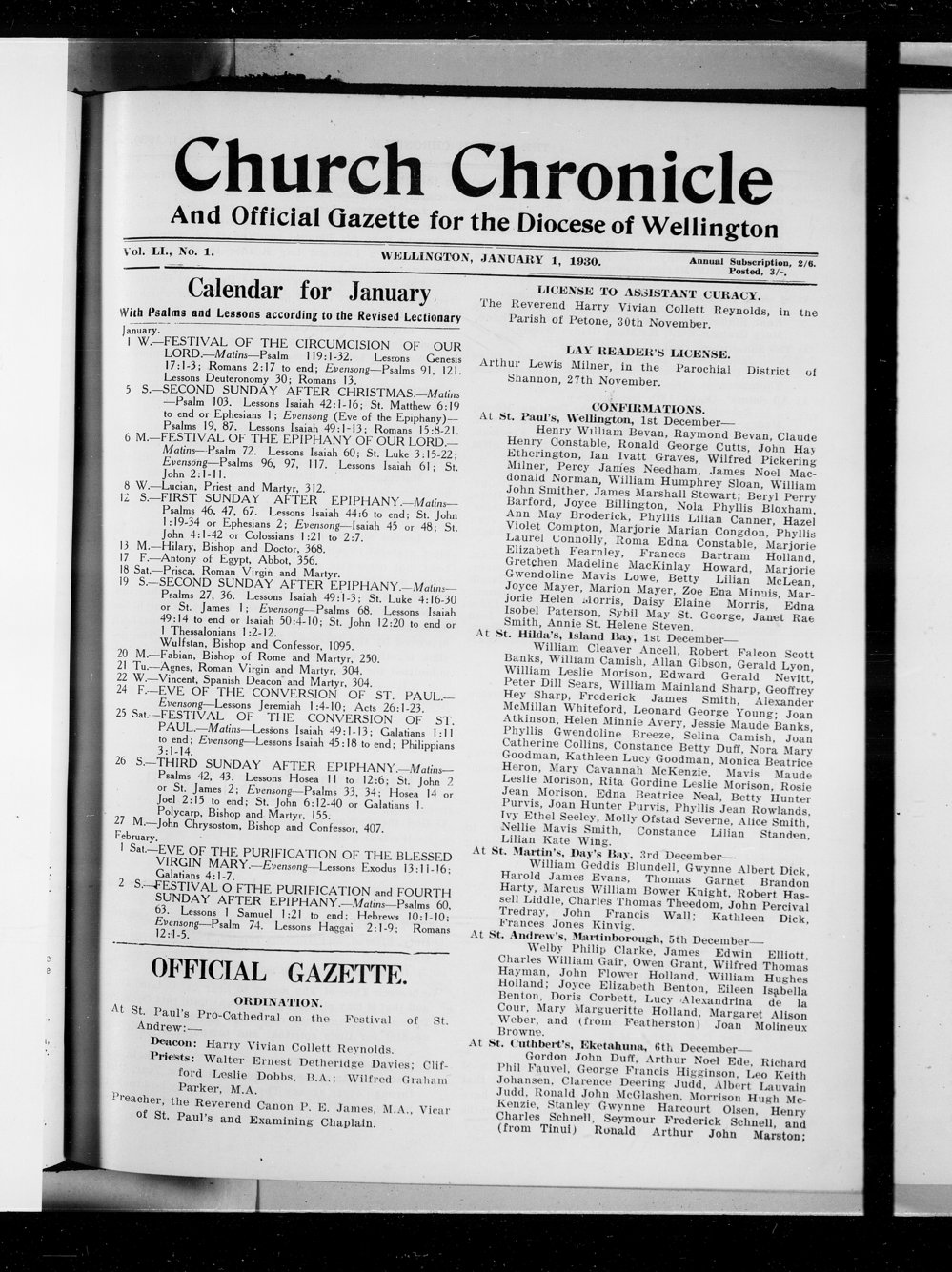 The Church Chronicle, Wellington: 1st January 1930