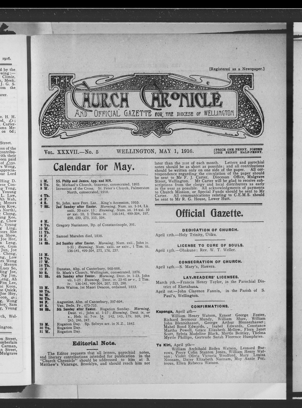 The Church Chronicle, Wellington: 1st May 1916