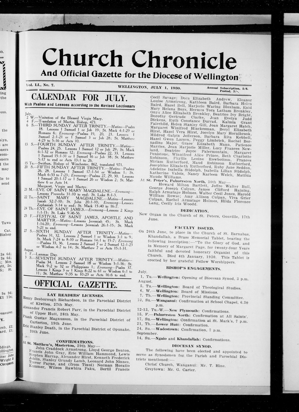The Church Chronicle, Wellington: 1st July 1930