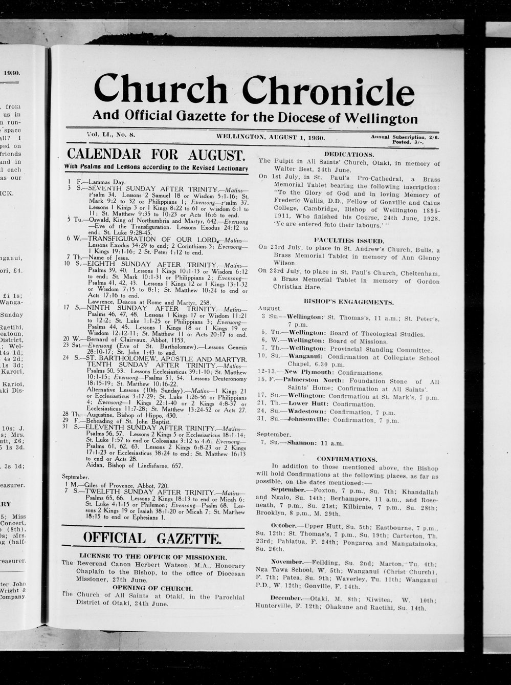 The Church Chronicle, Wellington: 1st August 1930