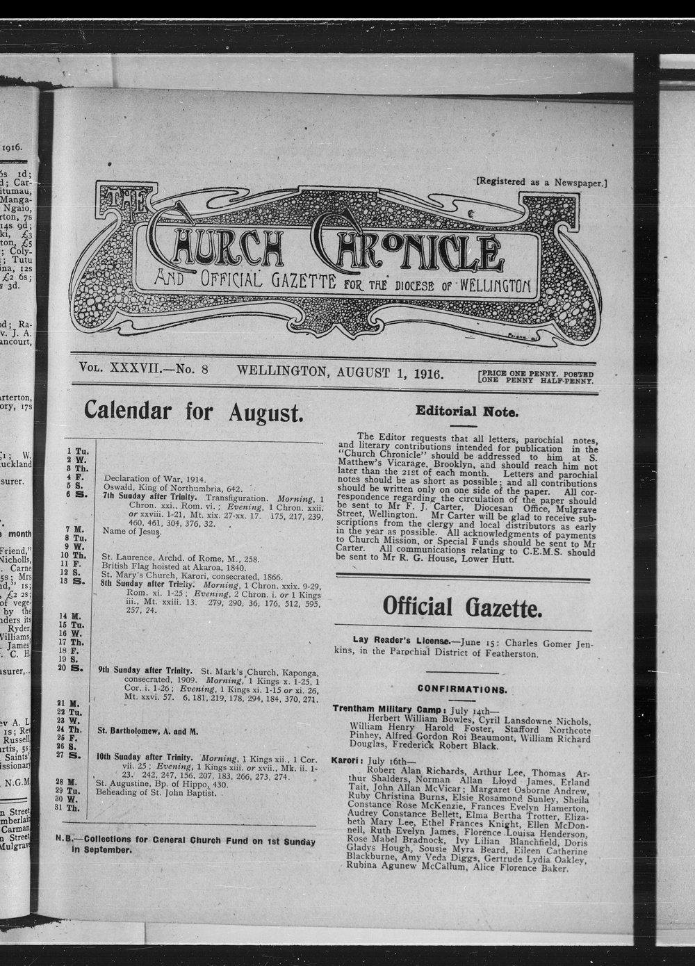 The Church Chronicle, Wellington: 1st August 1916
