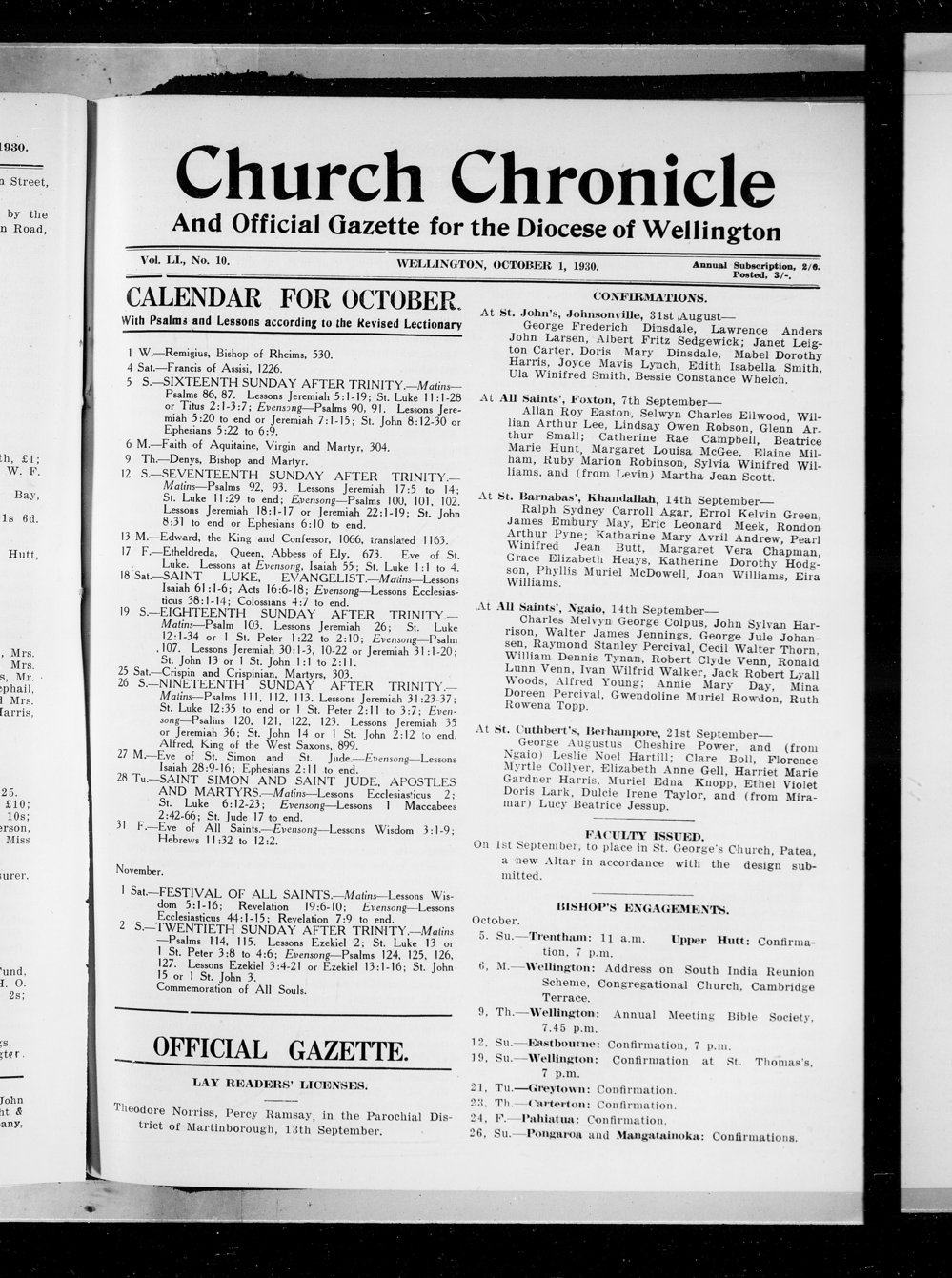 The Church Chronicle, Wellington: 1st October 1930