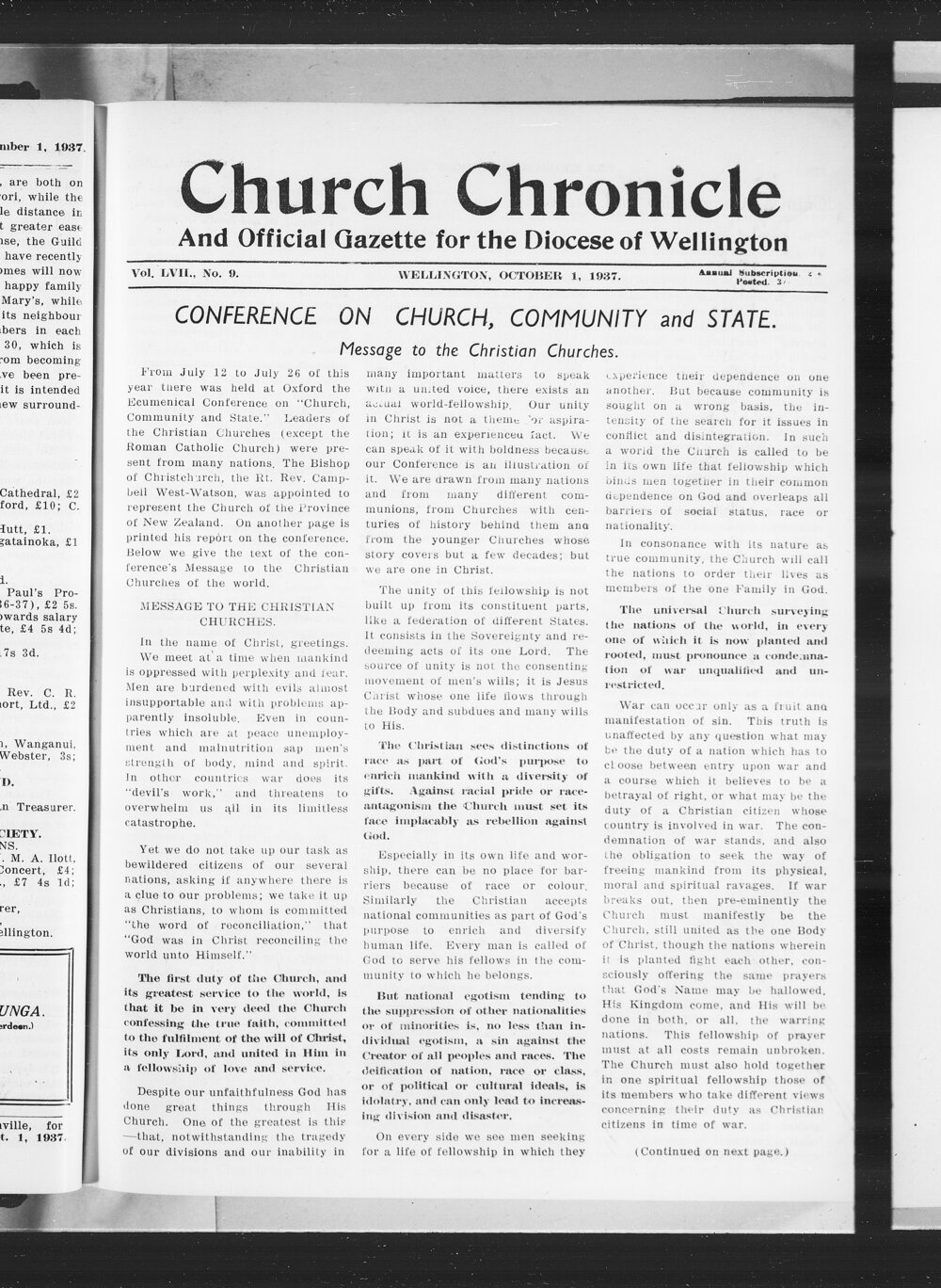 The Church Chronicle, Wellington: 1st October 1937