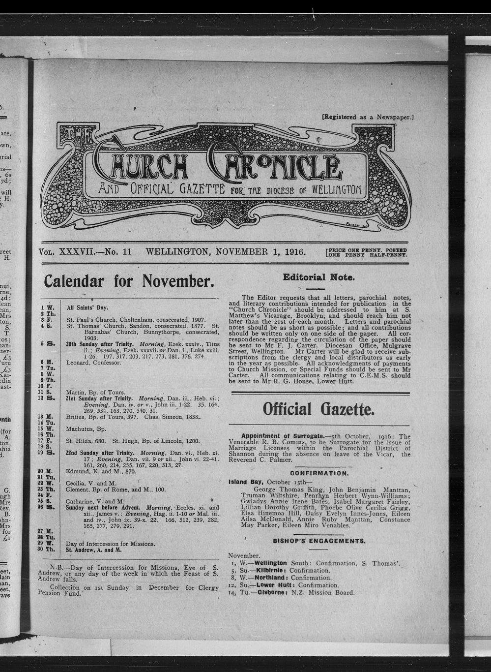 The Church Chronicle, Wellington: 1st November 1916