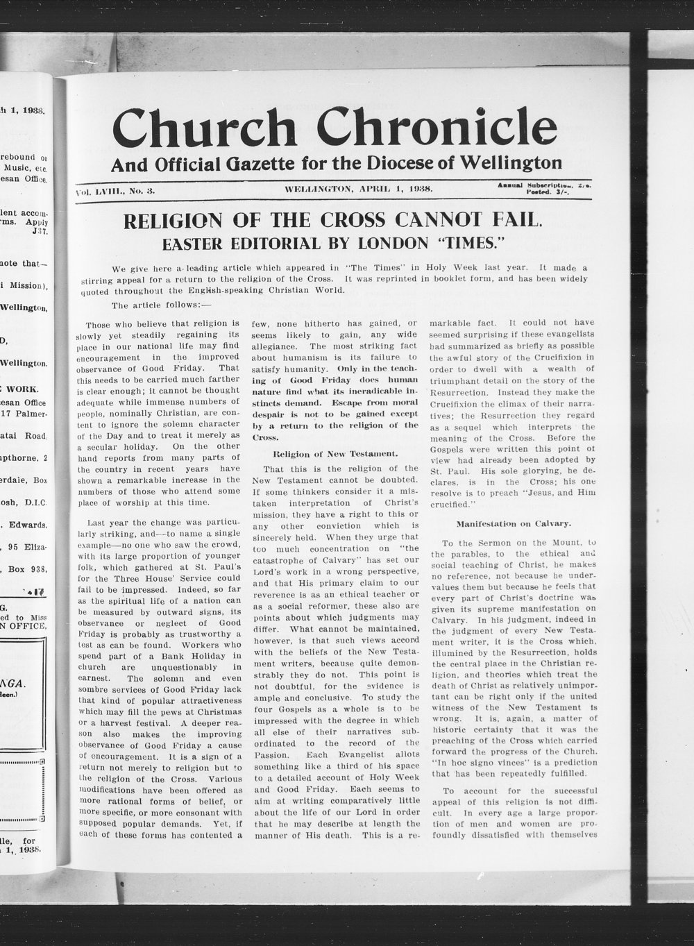 The Church Chronicle, Wellington: 1st April 1938