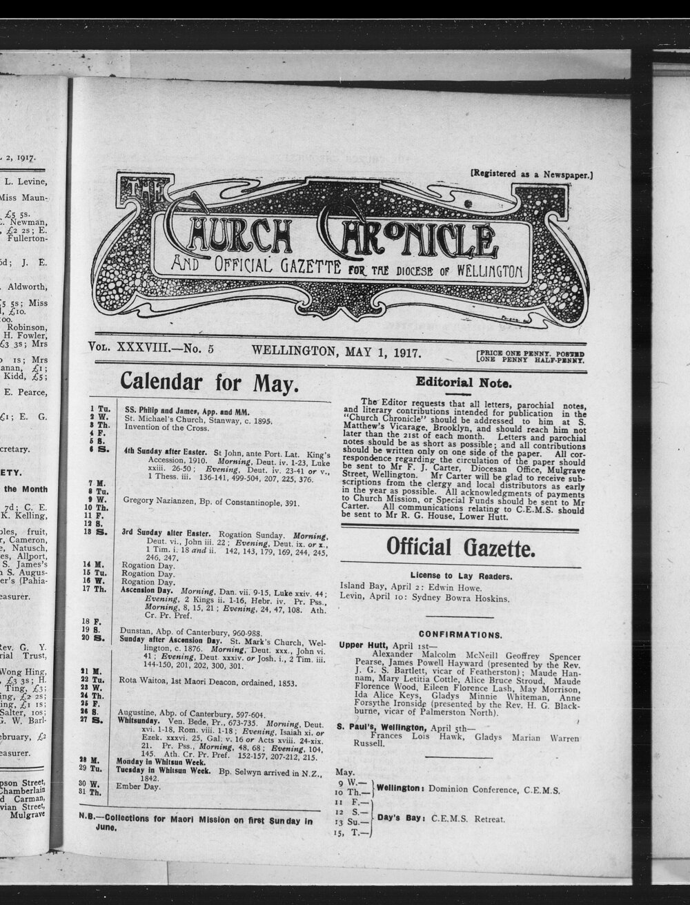 The Church Chronicle, Wellington: 1st May 1917