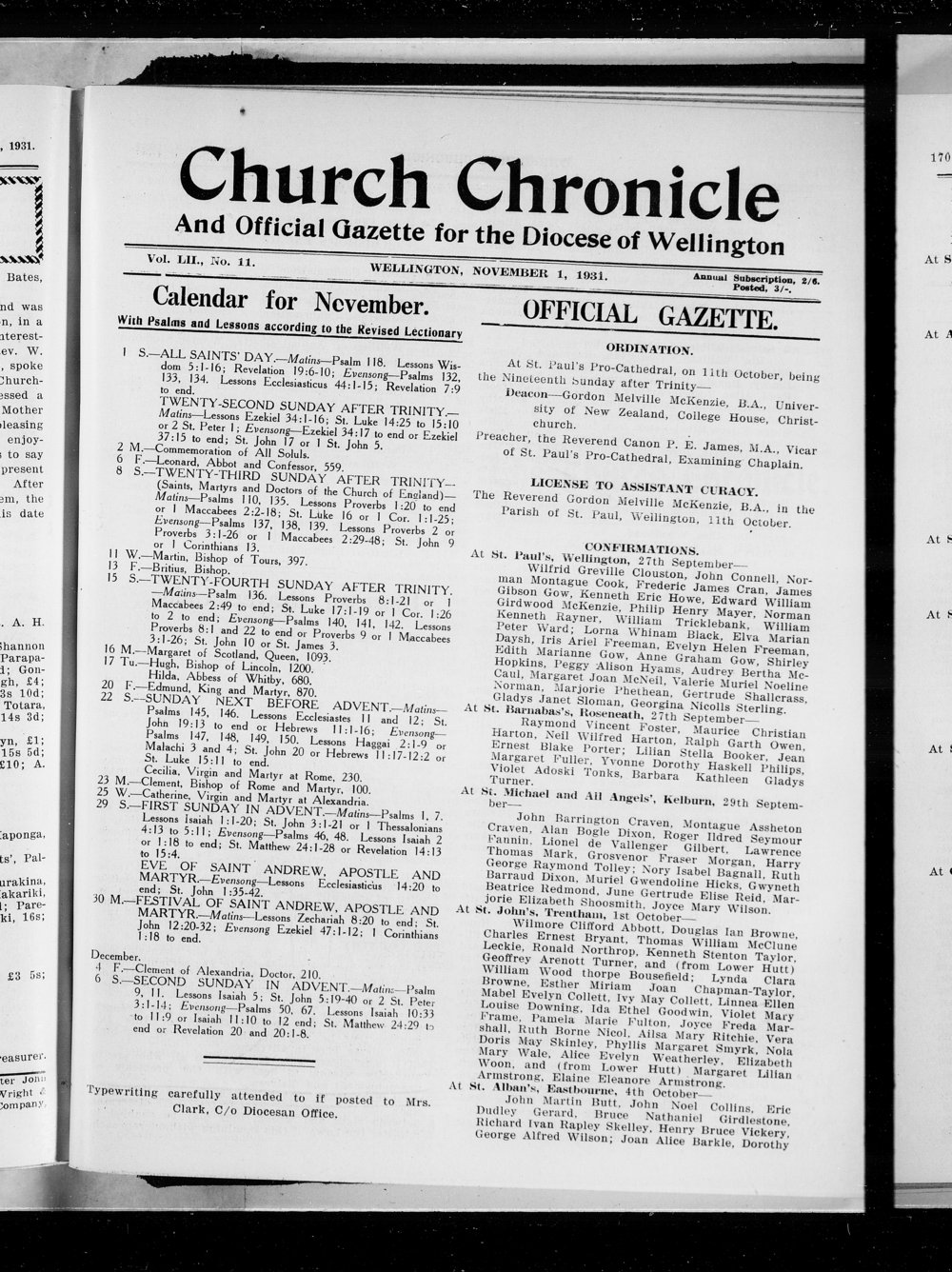 The Church Chronicle, Wellington: 1st November 1931