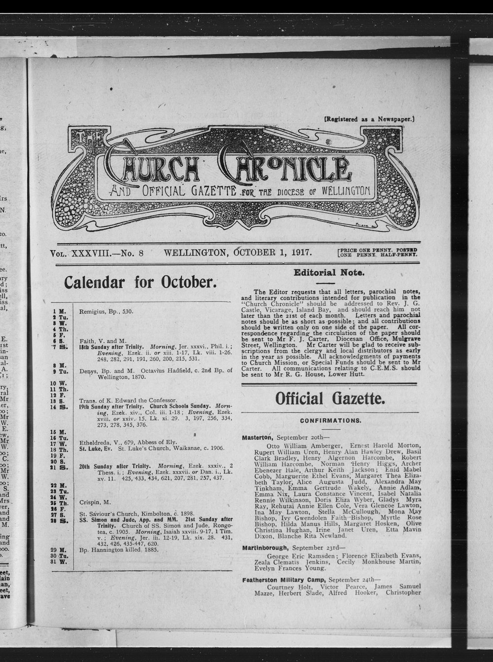 The Church Chronicle, Wellington: 1st October 1917