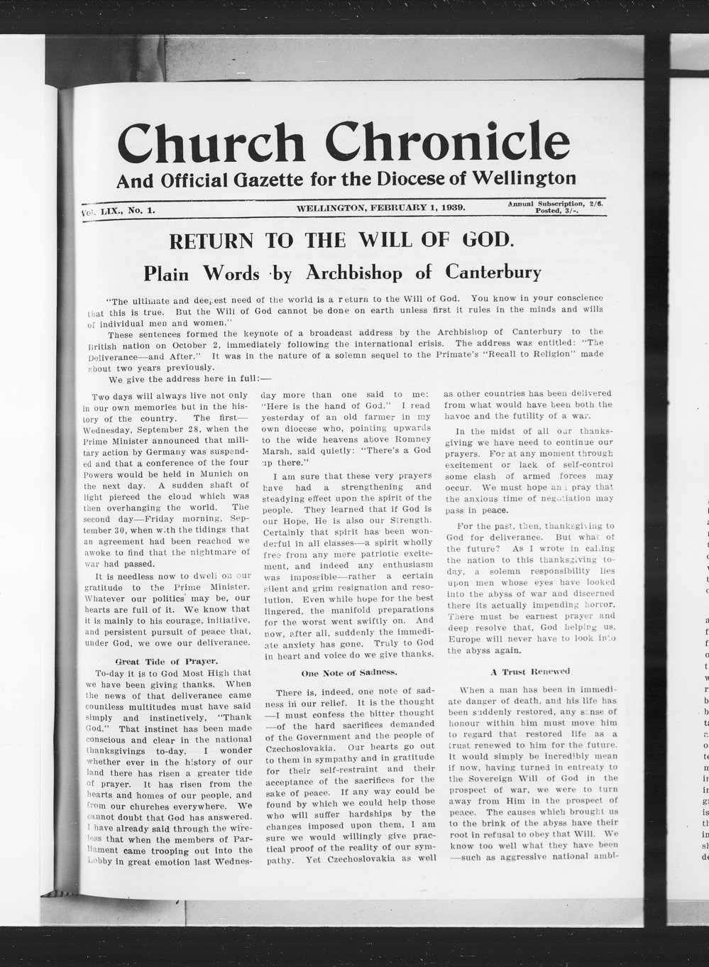 The Church Chronicle, Wellington: 1st February 1939