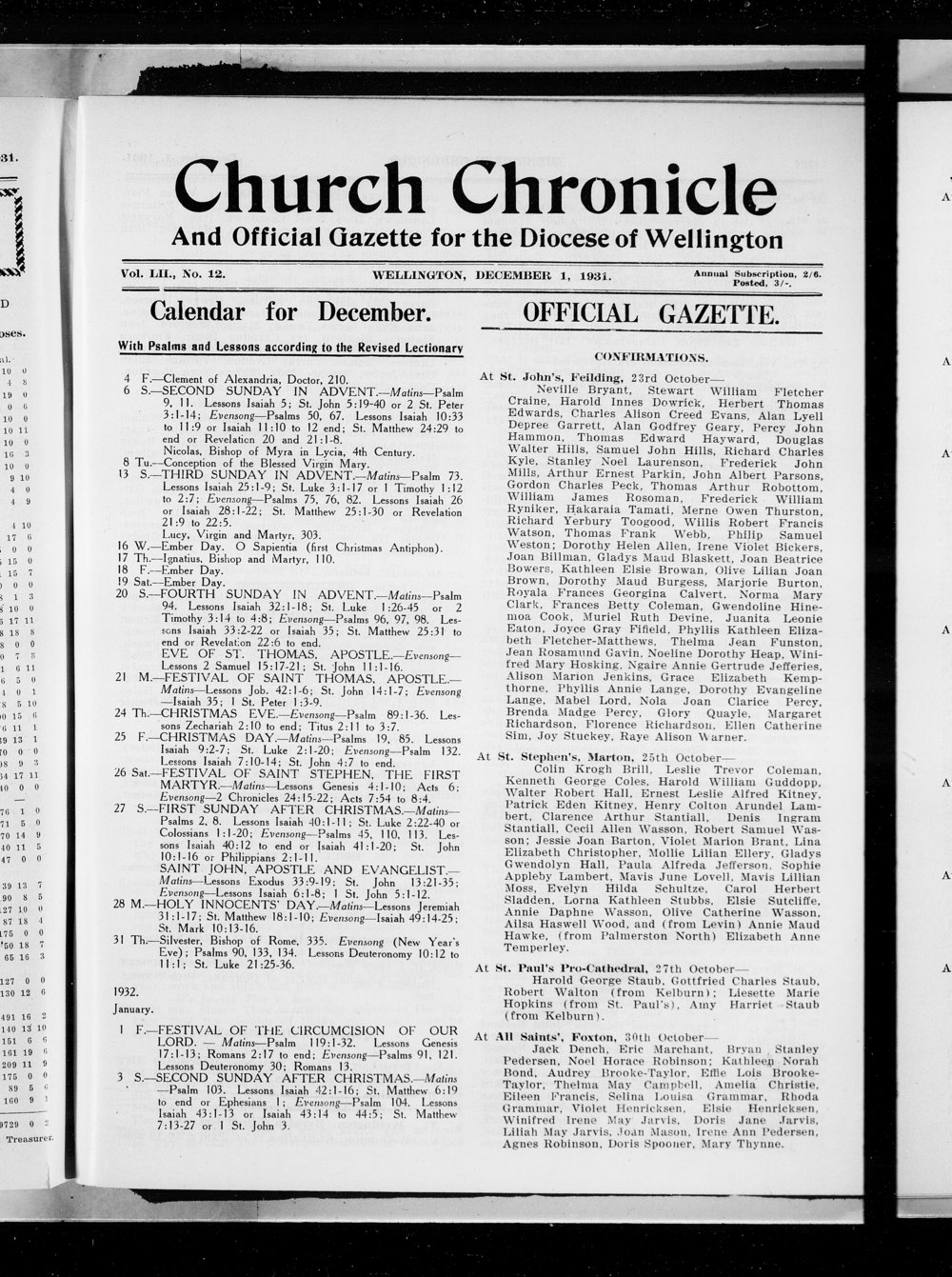 The Church Chronicle, Wellington: 1st December 1931