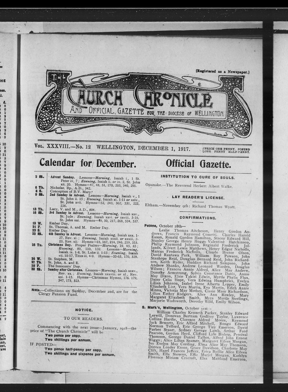 The Church Chronicle, Wellington: 1st December 1917