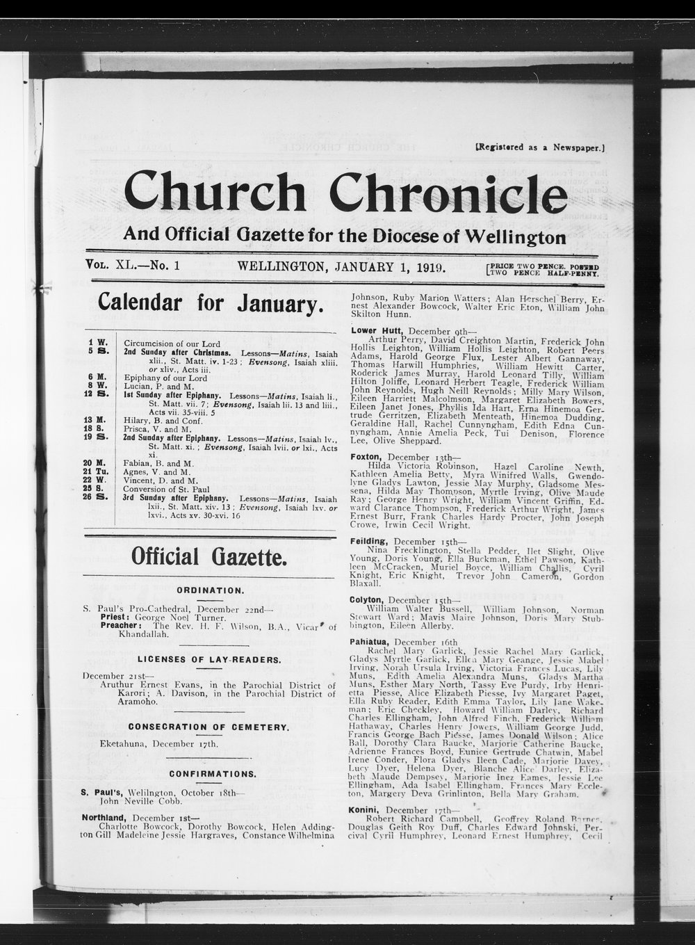 The Church Chronicle, Wellington: 1st January 1919