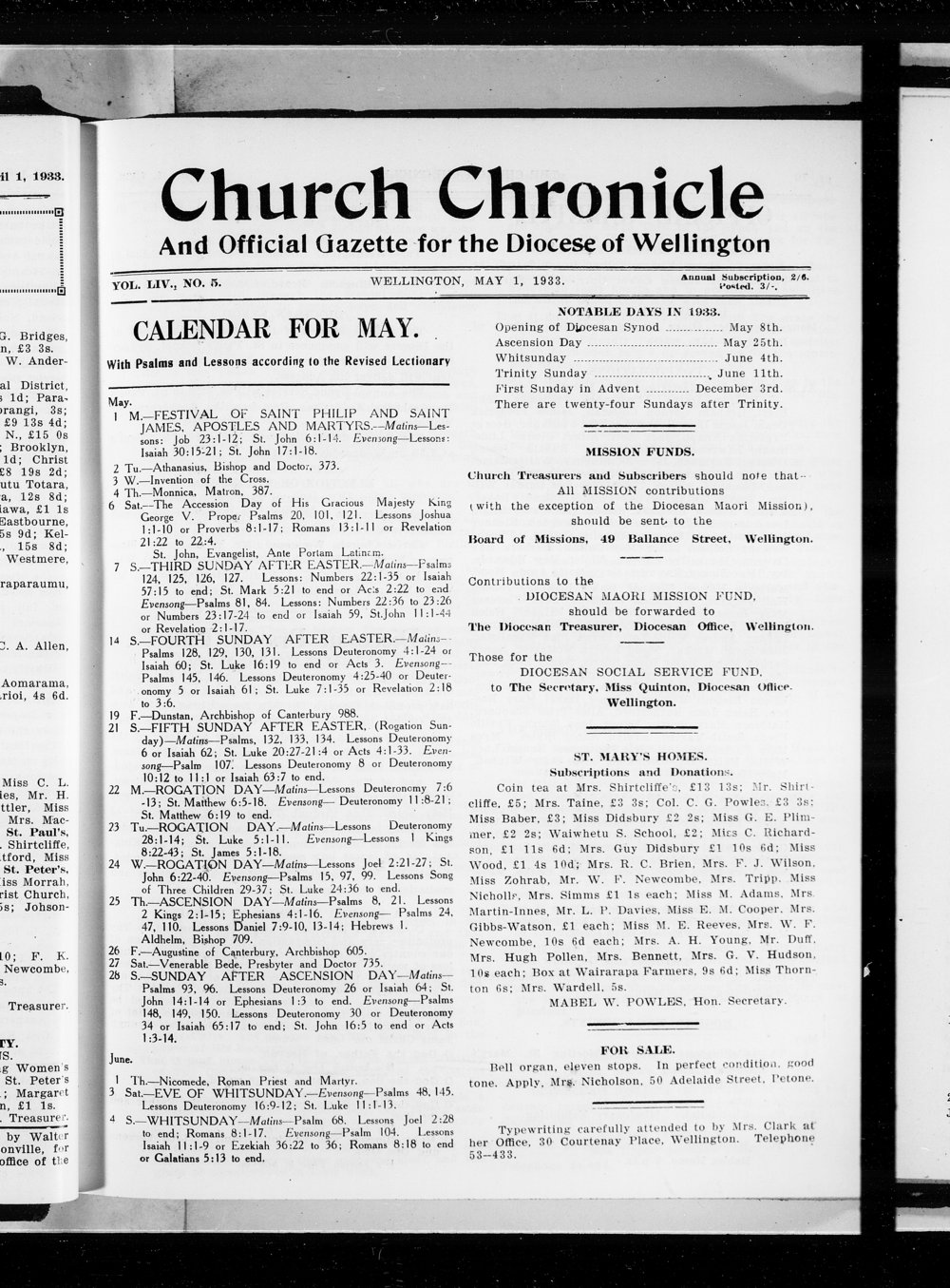 The Church Chronicle, Wellington: 1st May 1933
