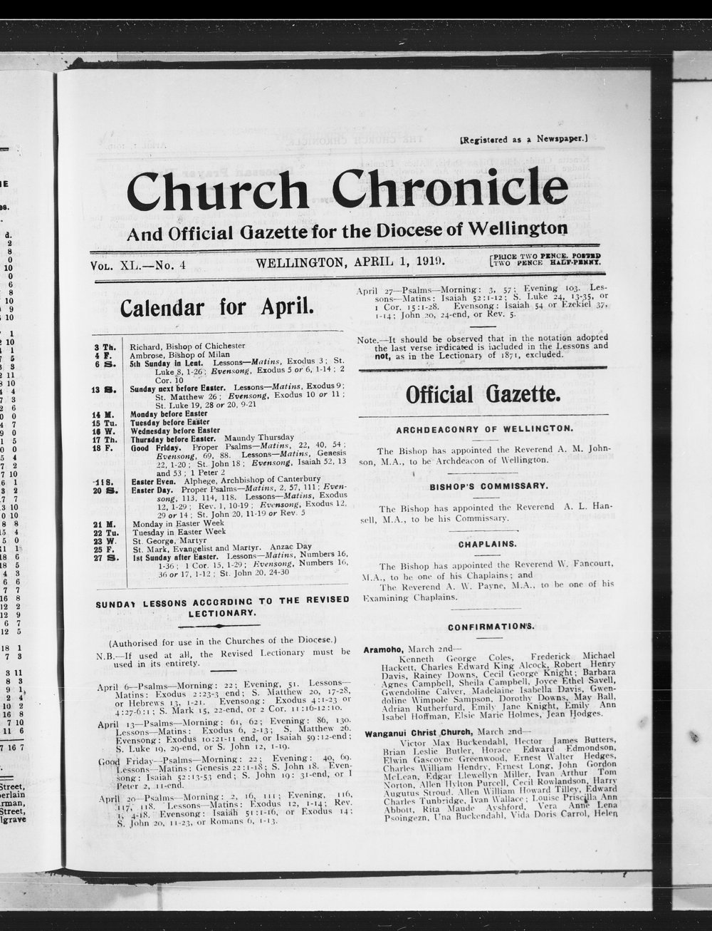 The Church Chronicle, Wellington: 1st April 1919