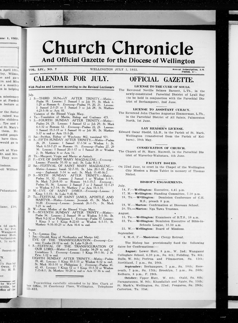 The Church Chronicle, Wellington: 1st July 1933