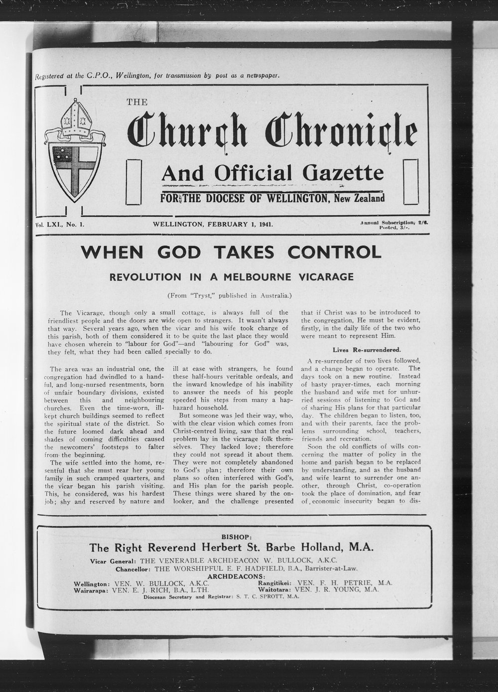 The Church Chronicle, Wellington: 1st February 1941
