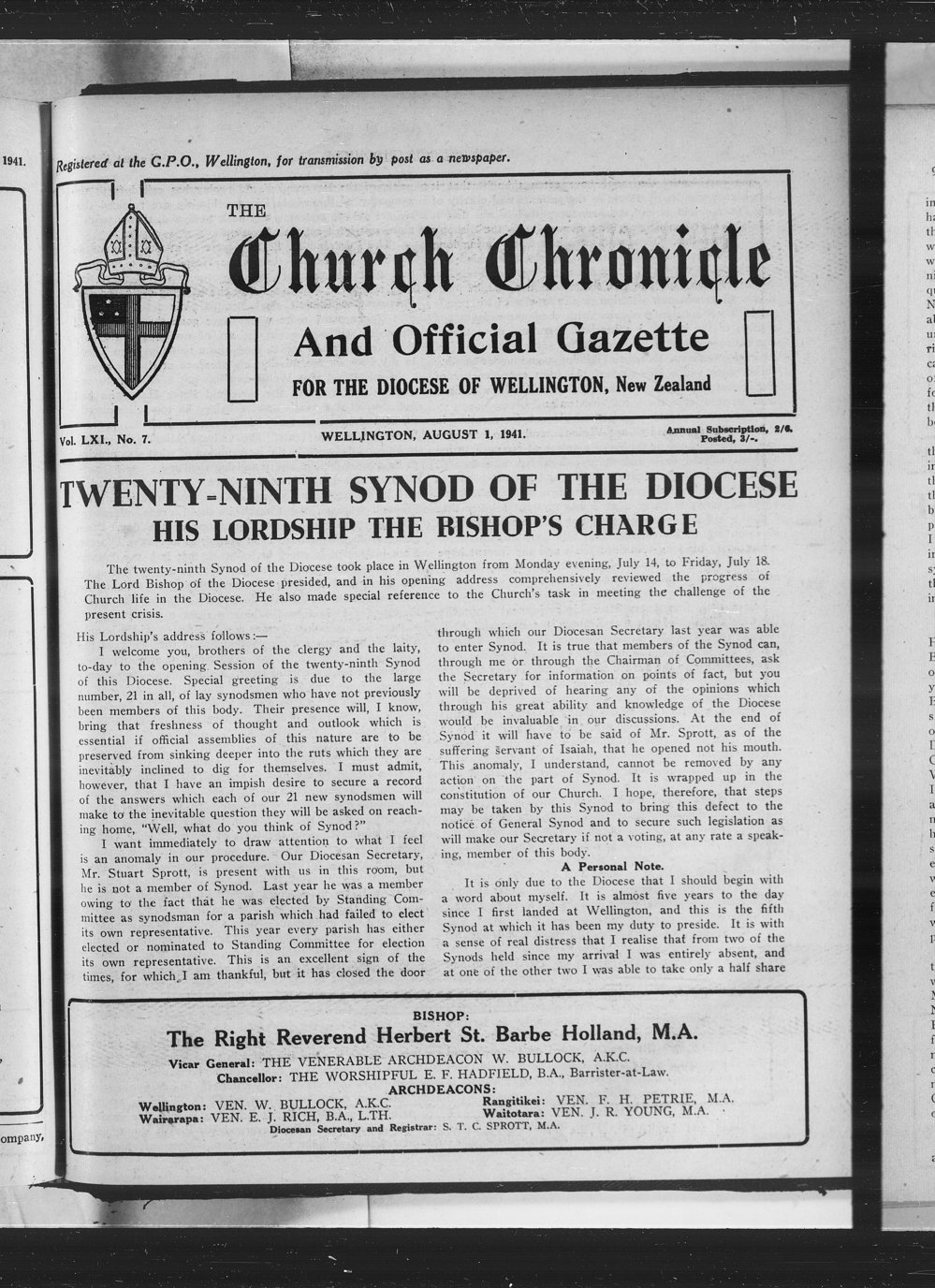 The Church Chronicle, Wellington: 1st August 1941