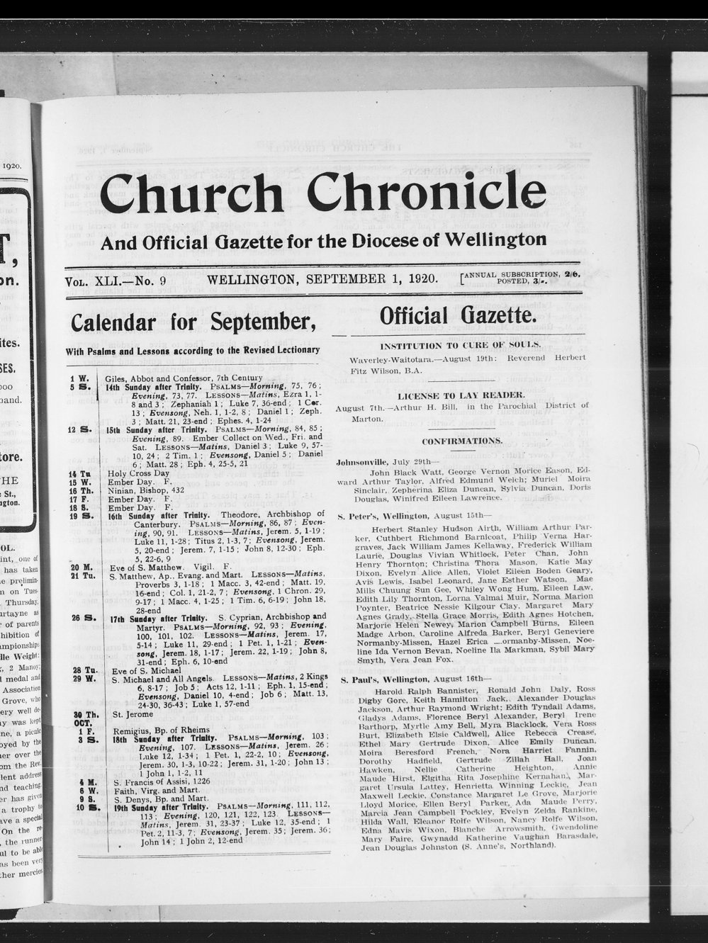 The Church Chronicle, Wellington: 1st September 1920