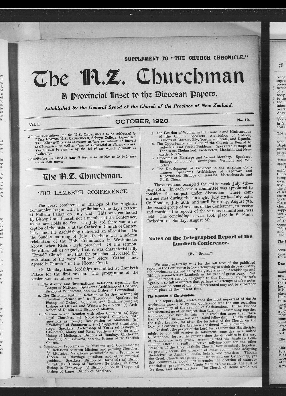 The Church Chronicle, Wellington: October 1920 Supplement