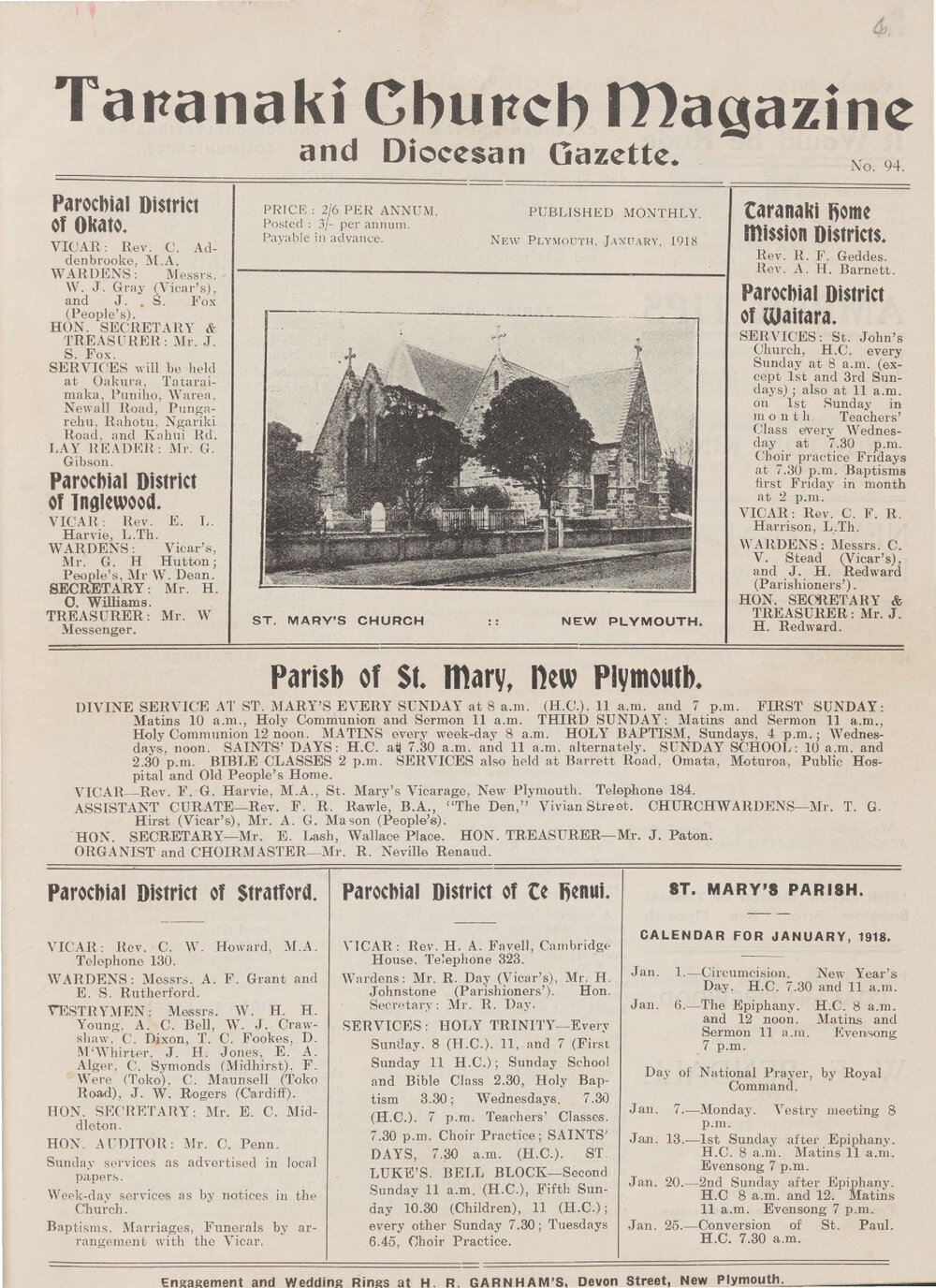 Taranaki Church Magazine 1918 January