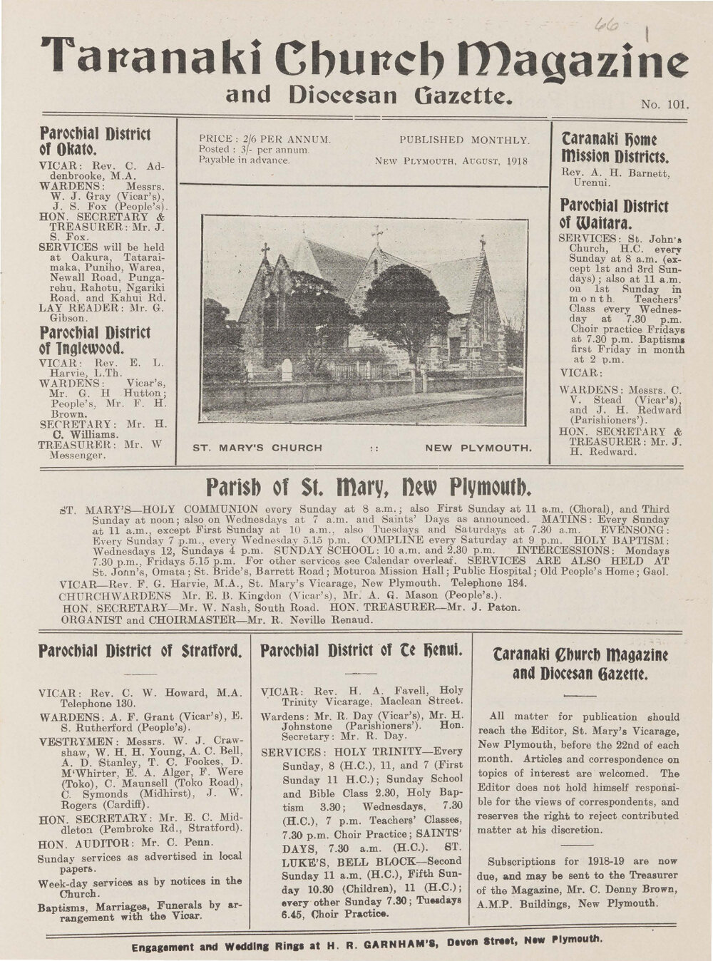 Taranaki Church Magazine 1918 August