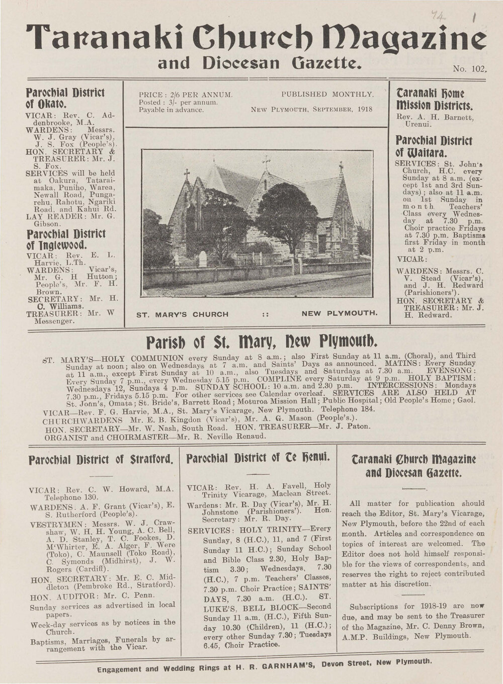 Taranaki Church Magazine 1918 September