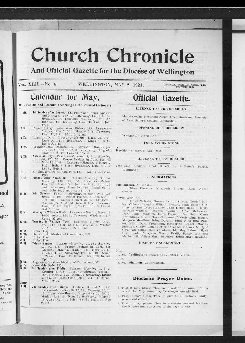 The Church Chronicle, Wellington: 2nd May 1921
