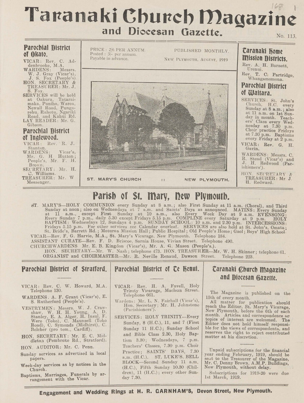 Taranaki Church Magazine 1919 August