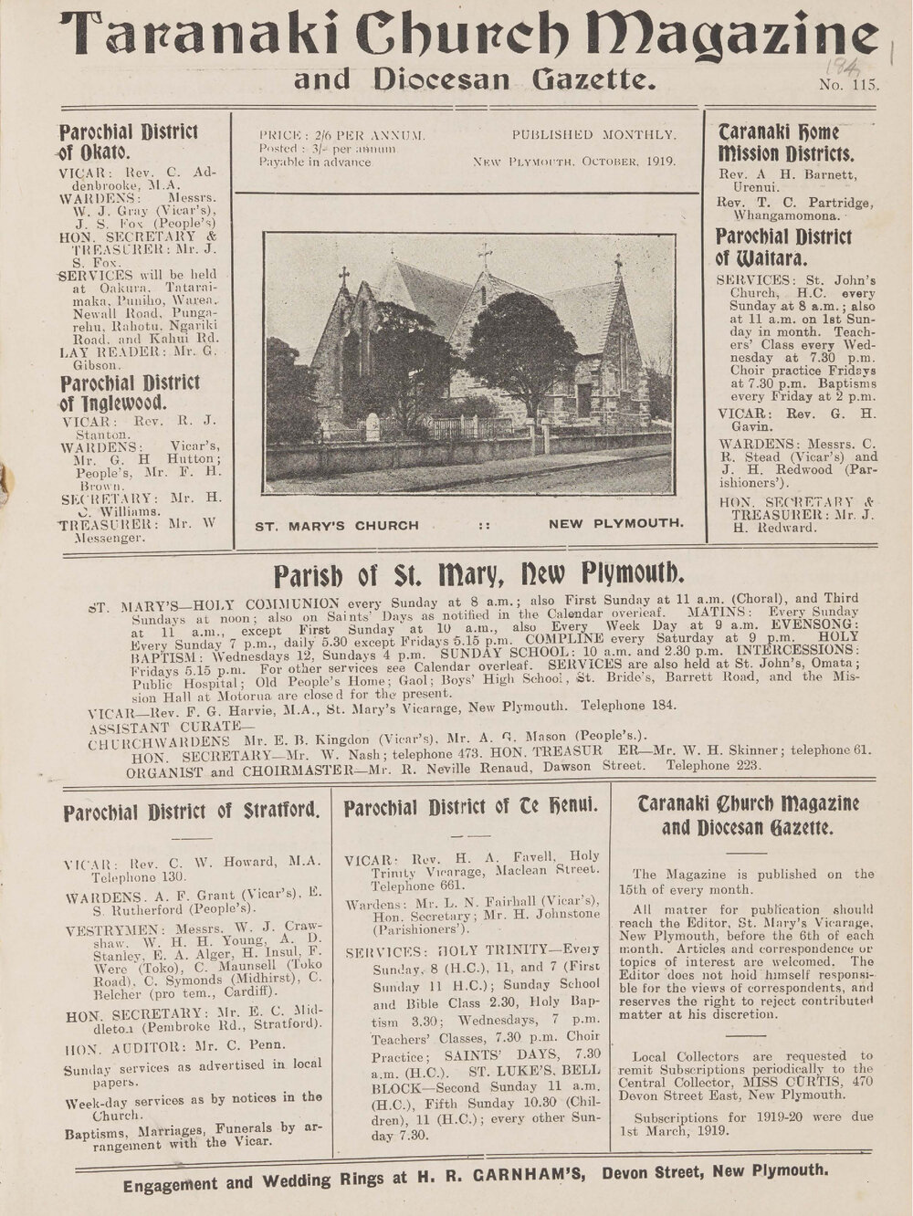 Taranaki Church Magazine 1919 October