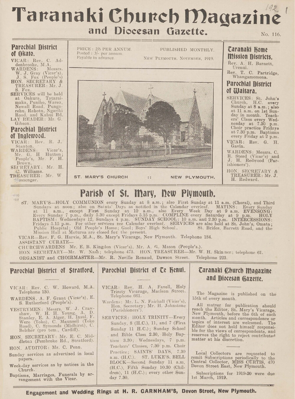 Taranaki Church Magazine 1919 November