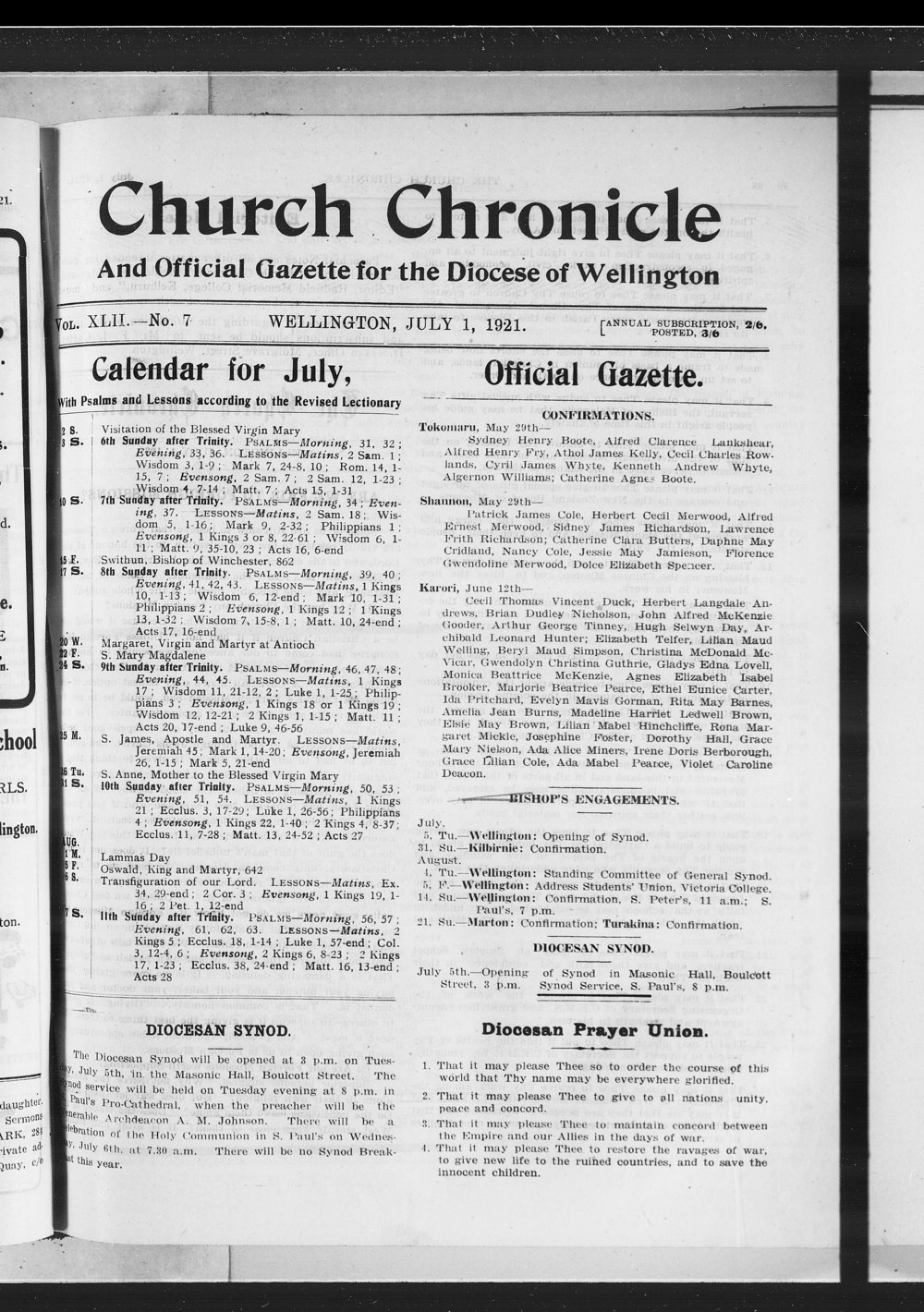 The Church Chronicle, Wellington: 1st July 1921