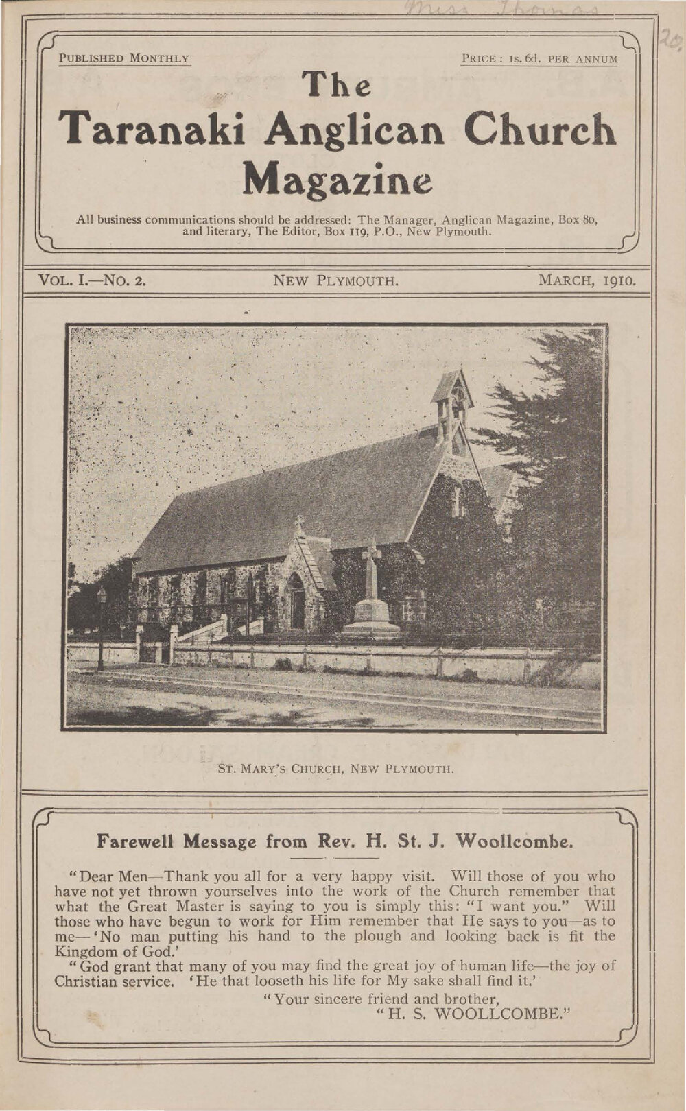 Taranaki Church Magazine 1910 March