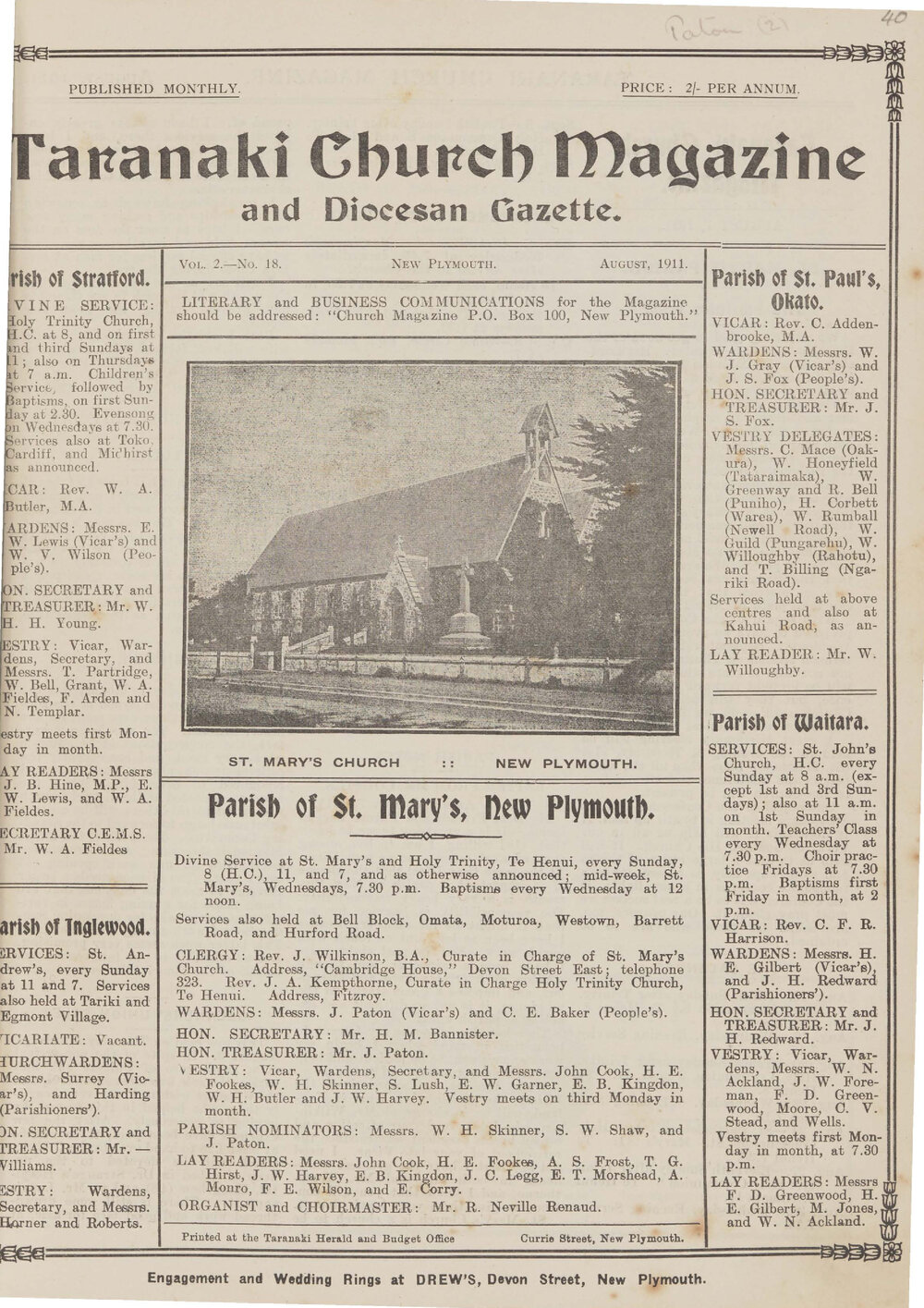 Taranaki Church Magazine 1911 August