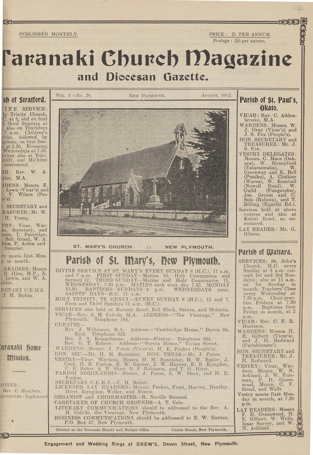 Taranaki Church Magazine 1912 August