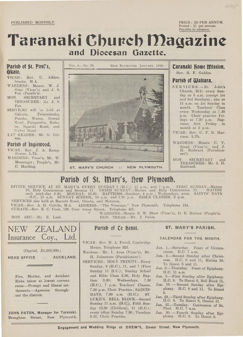 Taranaki Church Magazine 1916 January