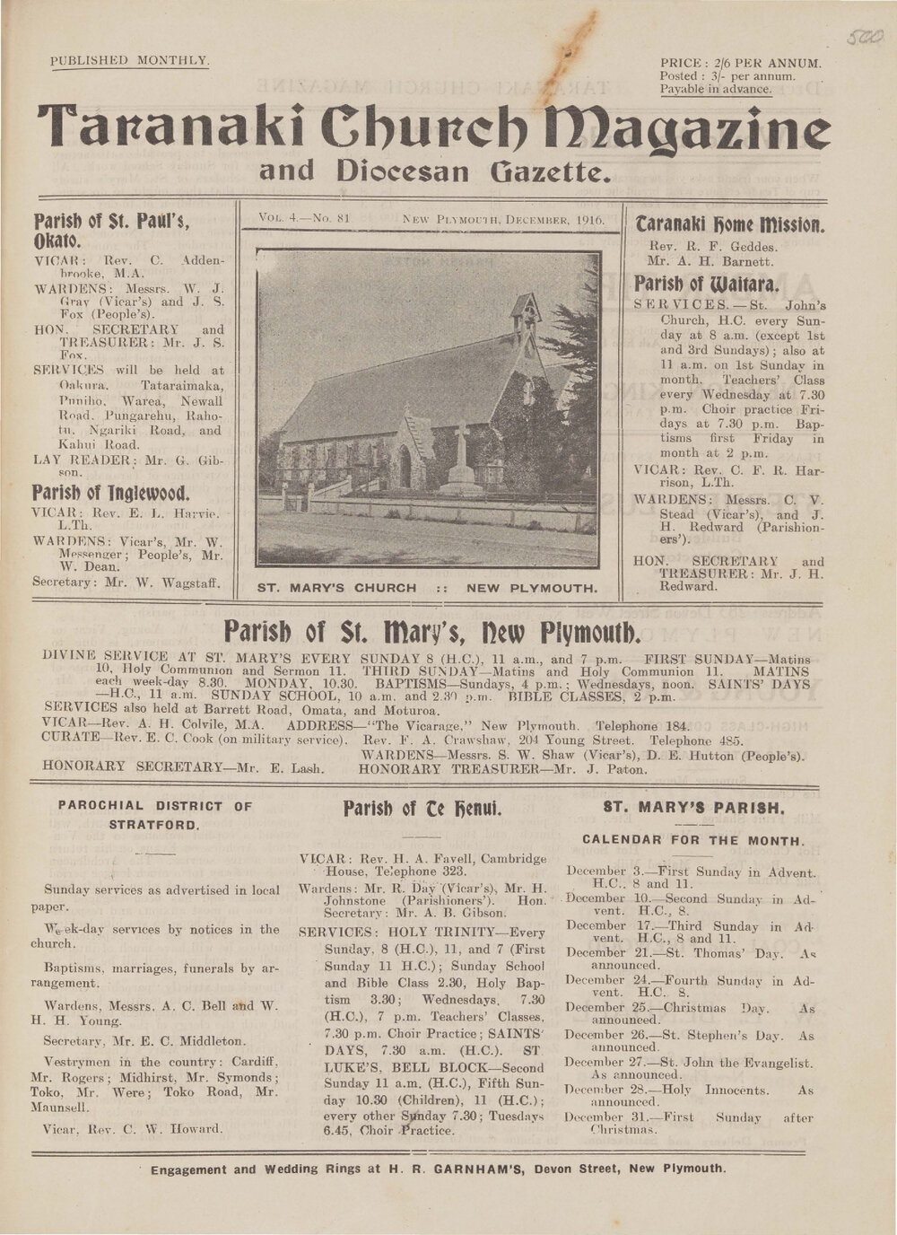 Taranaki Church Magazine 1916 December
