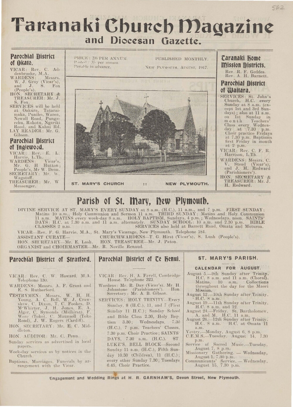 Taranaki Church Magazine 1917 August