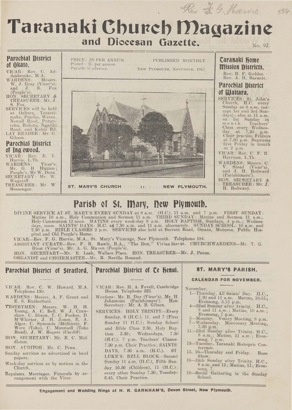 Taranaki Church Magazine 1917 November