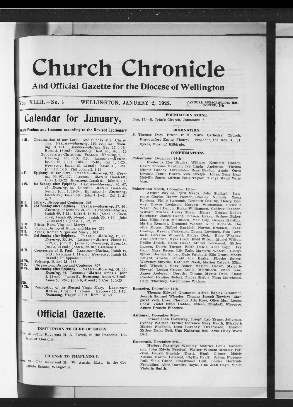The Church Chronicle, Wellington: 2nd January 1922