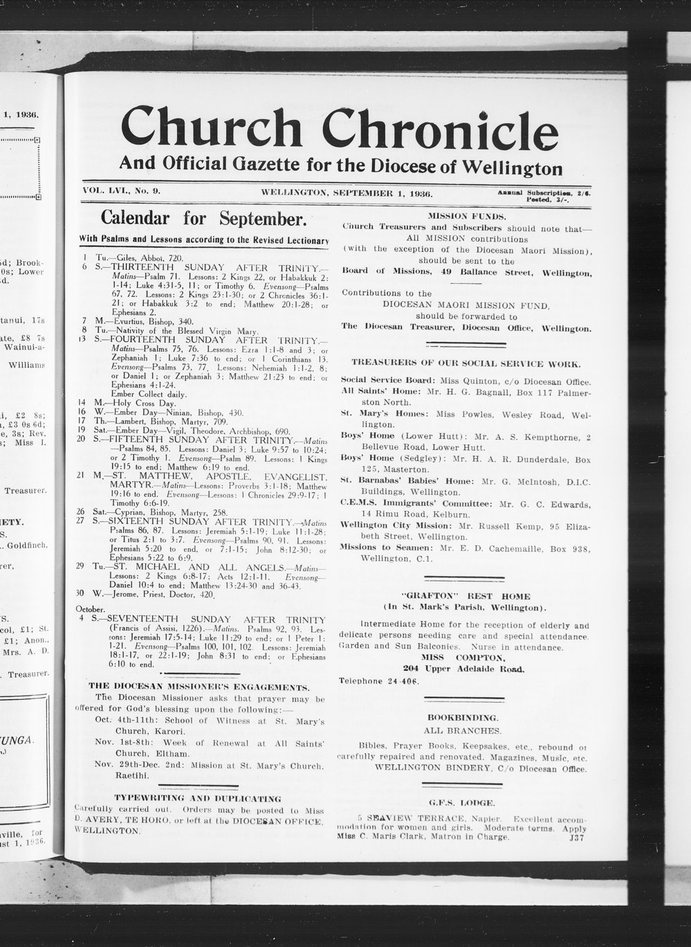 The Church Chronicle, Wellington: 1st September 1936