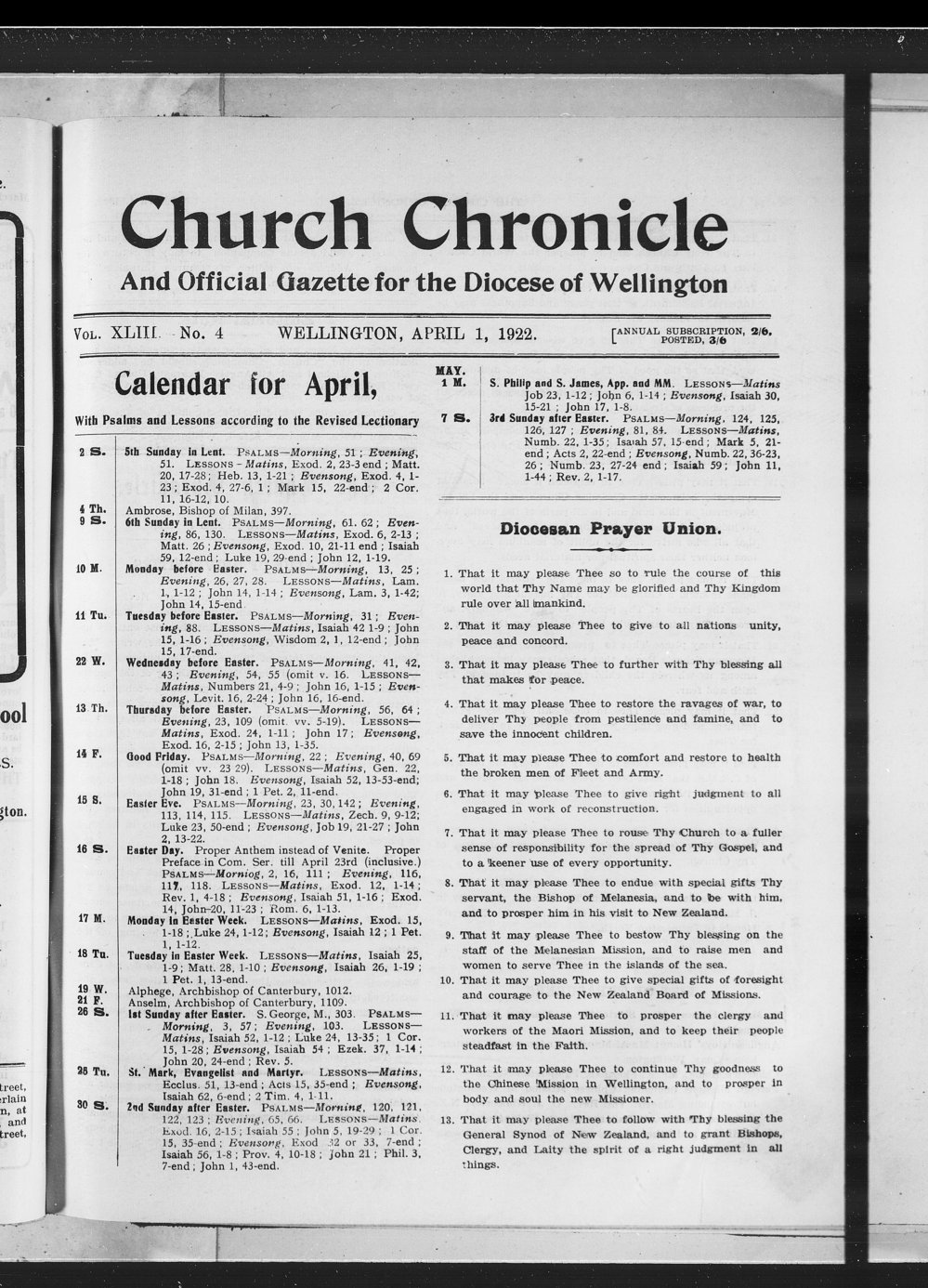 The Church Chronicle, Wellington: 1st April 1922