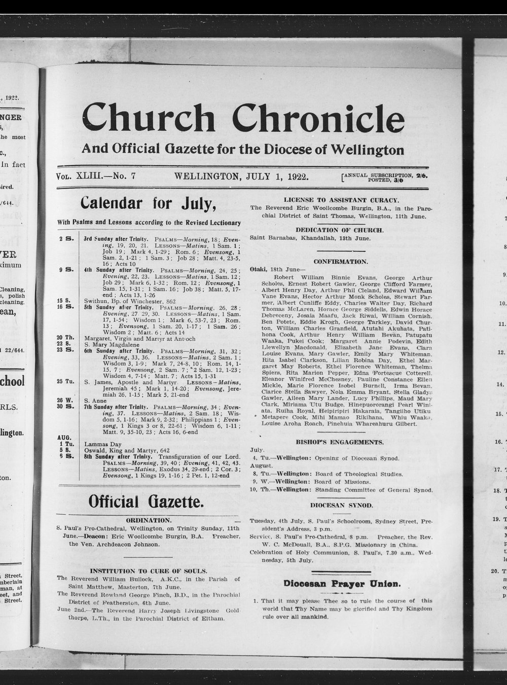 The Church Chronicle, Wellington: 1st July 1922